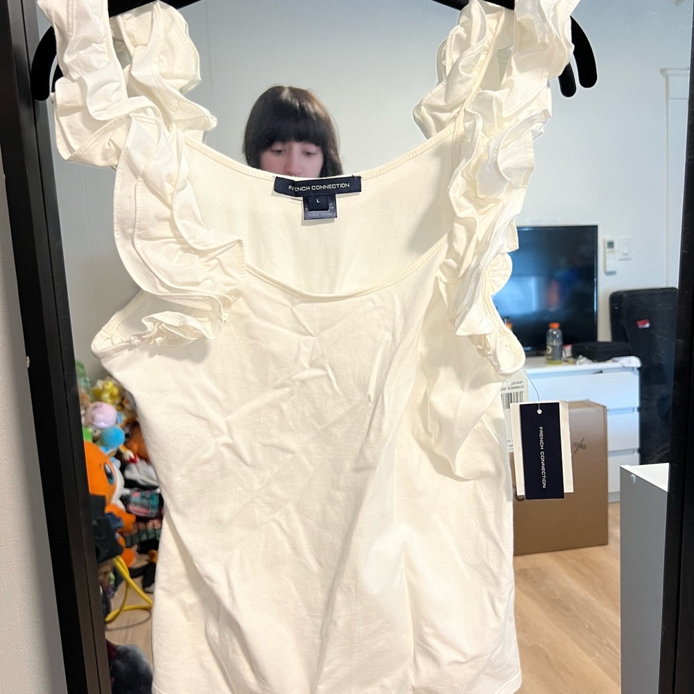 French Connection White Ruffle Sleeve Top